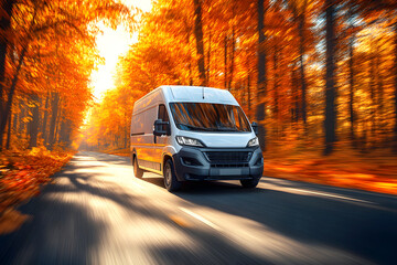 Commercial Delivery Van Driving Through Autumn Forest