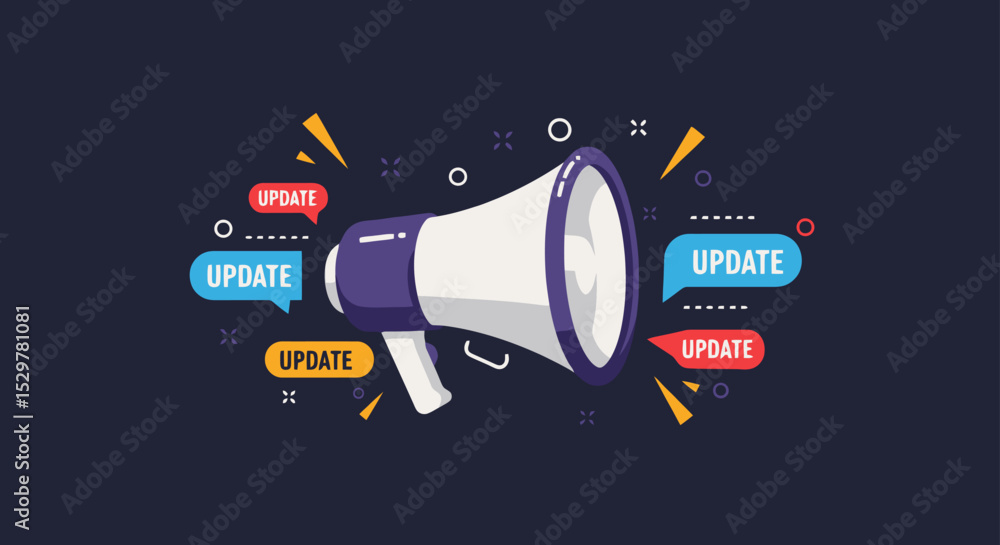 Fototapete megaphone with new update speech bubble banner, loudspeaker, flat vector of a megaphone with 