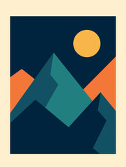 Geometric Moonlit Mountain Flat Color Vector Illustration