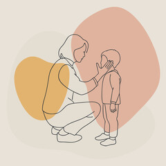 an adult squatted down in front of the child and sits on the same level with him and says something to him