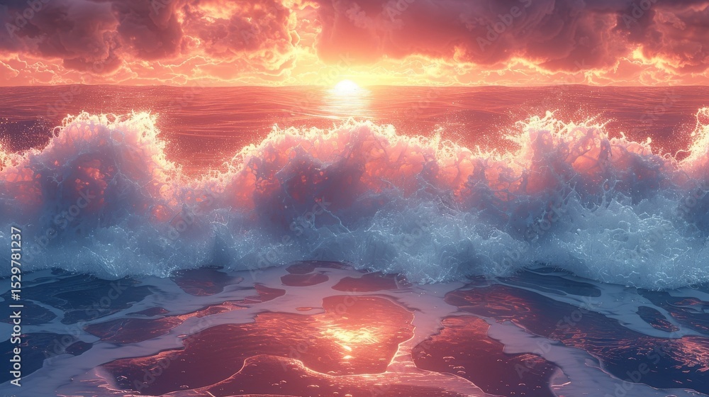 Poster a stunning view of the sunset casting vibrant reflections on ocean waves, creating a serene and tran