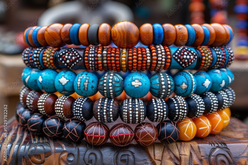 Poster an array of vibrant handmade beads showcasing intricate designs and colors, representing artistic cr