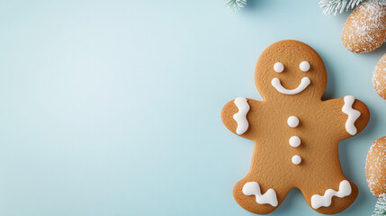 Festive gingerbread man with white icing decorations on pastel blue background with pine branches and sugared pastries