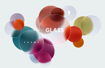 Transparent geometric circles and balls in liquid glass style. Abstract poster design.