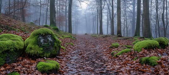 A tranquil forest trail covered in soft moss and fallen leaves 