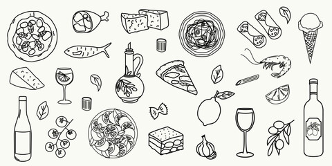 Hand drawn Italian food doodles. Pizza, pasta, cheese, wine, olives, olive oil, gelato, cannoli, tomato, shrimp, garlic, lemon, prosciutto. Traditional Italian cuisine vector set.