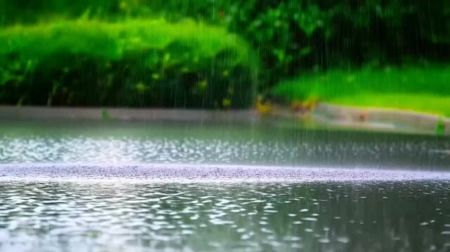 4K 30fps high-speed footage of heavy rain falling into a puddle with a green background, captured using a Phantom Flex 4K camera. Detailed slow-motion visuals showcasing raindrops splashing and rippli