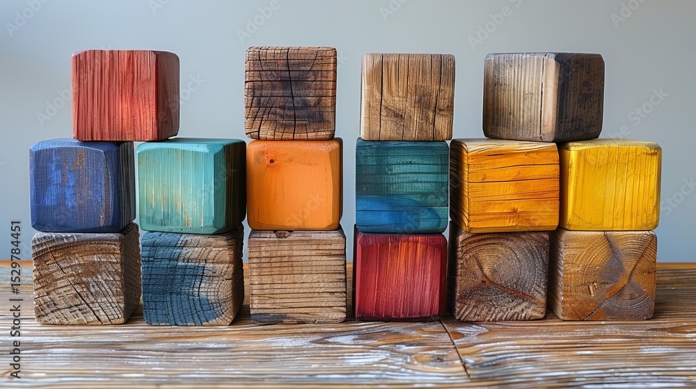 Aufkleber a visually appealing arrangement of colorful wooden blocks stacked, emphasizing different textures a