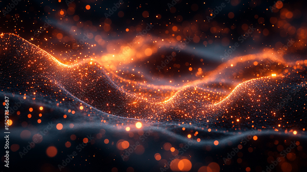 Poster glowing particles form abstract waves in dark digital space