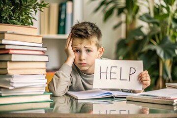 Academic year. The child is sitting at a table with a bunch of textbooks, books and a help sign. Education, assistance.