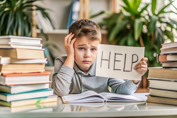 Academic year. The child is sitting at a table with a bunch of textbooks, books and a help sign. Education, assistance.