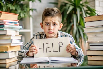 Academic year. The child is sitting at a table with a bunch of textbooks, books and a help sign. Education, assistance.