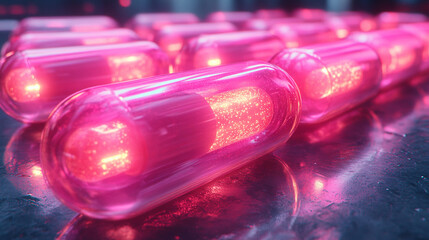Glowing pink capsules on reflective surface in dark lab setting