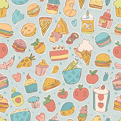 Seamless retro food pattern with cute cartoon fast food, desserts and fruits. Pastel doodle style perfect for stickers, packaging, kids design, scrapbooking, textile and stationery