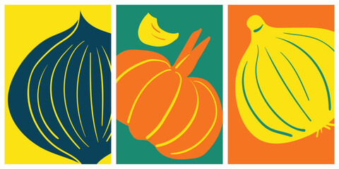 Set of 3 poster designs for healthy food concept, Veggie Time! Series. Silhouette garlic, red onion and onion illustration in minimal style, Vibrant green, yellow, blue and orange colors.