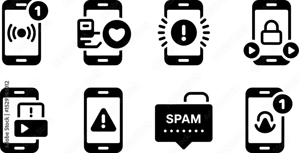 Poster mobile phone notification icons set vector illustration communication app alert message spam warning