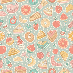Seamless retro food pattern with cute cartoon fast food, desserts and fruits. Pastel doodle style perfect for stickers, packaging, kids design, scrapbooking, textile and stationery