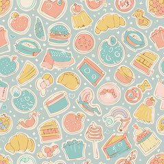 Seamless retro food pattern with cute cartoon fast food, desserts and fruits. Pastel doodle style perfect for stickers, packaging, kids design, scrapbooking, textile and stationery