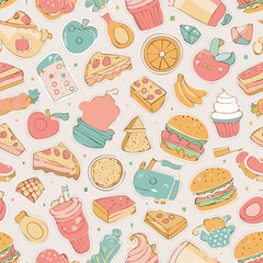 Seamless retro food pattern with cute cartoon fast food, desserts and fruits. Pastel doodle style perfect for stickers, packaging, kids design, scrapbooking, textile and stationery