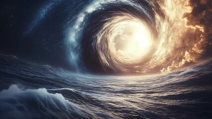 Dramatic portal over ocean connecting the night sky with swirling golden clouds - Powered by Adobe