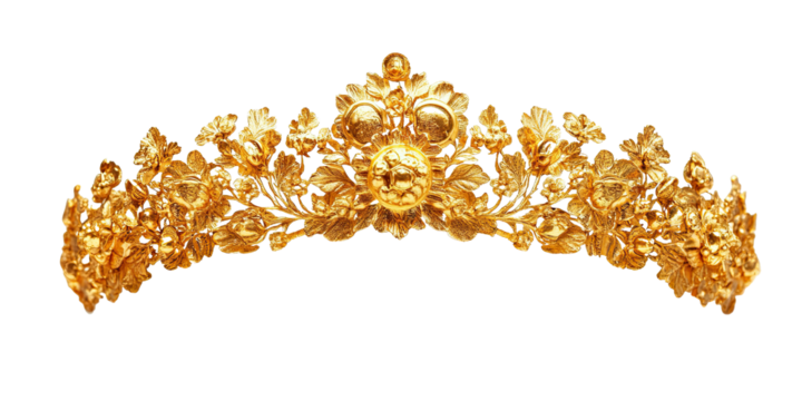 Golden crown with ornate decorative elements royal headpiece luxury jewelry isolated on white transparent background