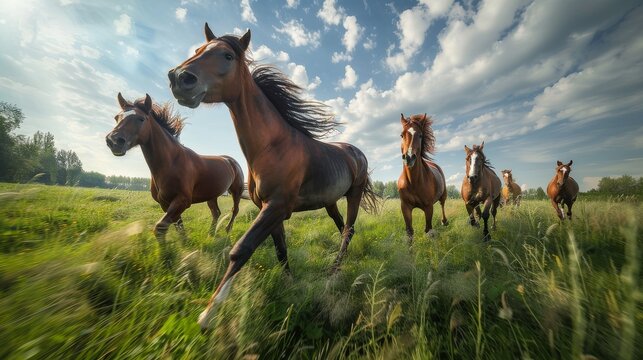 This stunning image showcases a herd of horses galloping freely across a lush green field under a bright blue sky, embodying freedom and vitality in nature.