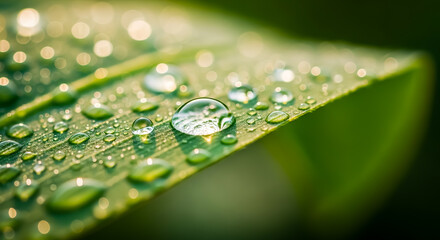 Macro Photography of Dew Drops on a Green Leaf, Nature Close-Up