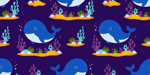 Sea Seamless Pattern with Cute Blue Whale and Plant algae on dark purple Background. Vector horizontal Illustration. Kids collection