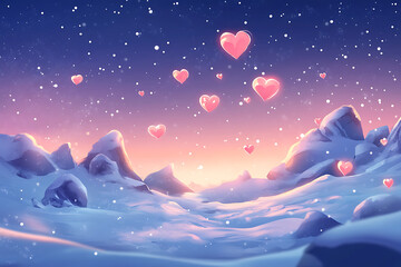 Obraz premium Romantic winter landscape with floating hearts, snowy mountains, and a colorful sunset backdrop