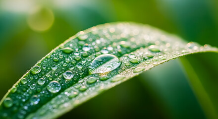 Close-up of Dew Drops on a Lush Green Leaf, Nature Photography
