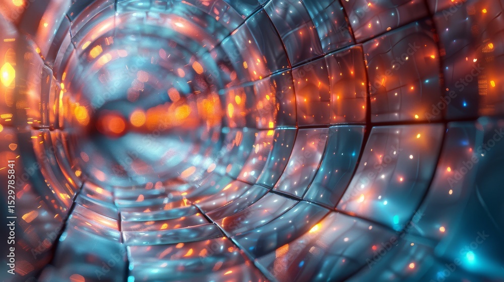 Poster an abstract representation of a futuristic tunnel filled with vibrant light reflections showcases a 