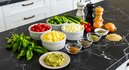 Fresh Vegetables and Spices Prepared for Cooking on a Marble Countertop