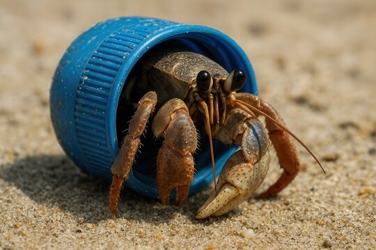 Hermit crab using plastic bottle cap as shell on beach