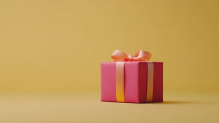 Pink gift box with ribbon on yellow background, perfect for celebrations and special occasions.