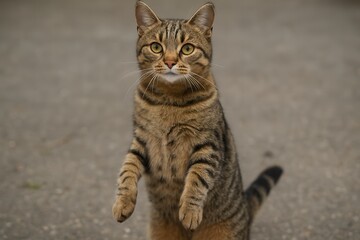 Tabby cat standing on hind legs on asphalt