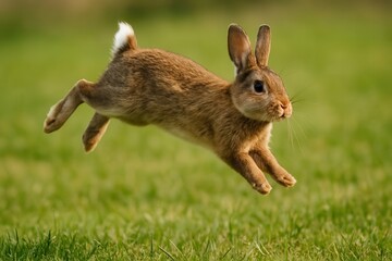 Brown rabbit jumping on green grass field
