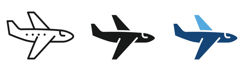 Airplane Front View Silhouette and Line Icon Set for Aviation and Travel
