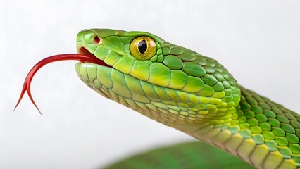 Magnificent Green Viper Close Up, showcasing intricate scales and vibrant emerald hues. Its forked tongue, a sensory marvel, extends, adding to the images captivating detail and wild beauty.
