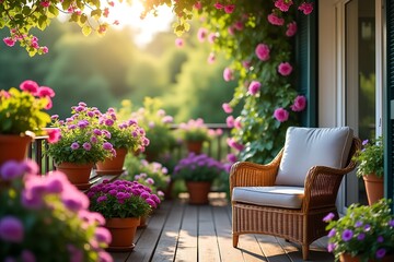 Relaxing wicker chair on a sunny flower filled patio