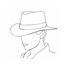 Elegant minimalist line art illustration depicting a person wearing a fedora hat