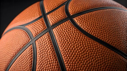 Obraz premium Close-up view of a textured basketball, showcasing the orange leather and black lines. The detailed grain and seams are prominent against a dark background.
