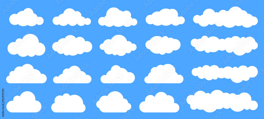 Poster A large set of white cartoon clouds with different shapes on a blue background. Vector illustration for weather icon. Vector graphics.