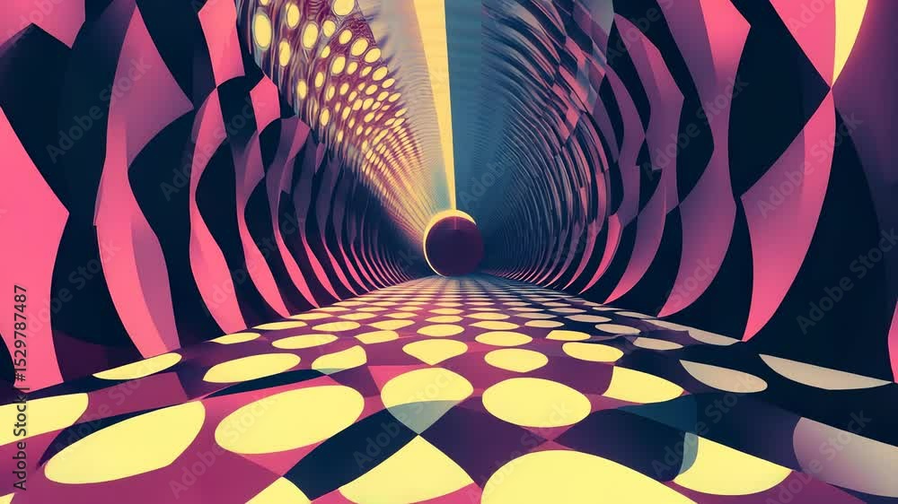 Poster abstract pink and gold patterned tunnel with central sphere animation loop, futuristic style
