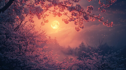 Obraz premium Full moon shining through cherry blossoms in a dreamy landscape at night with soft light