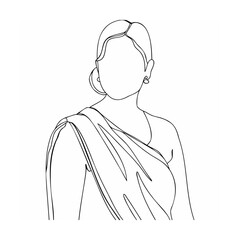 Elegant line drawing portrait of a woman wearing a saree and earrings in black and white