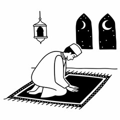 Man Praying on Prayer Mat in Mosque