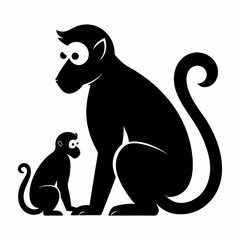 A silhouette image of a monkey and its baby cuddling.