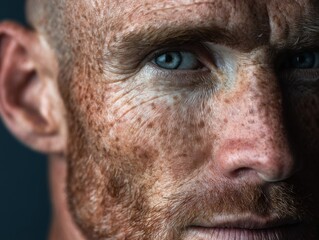 Close-up Portrait of a Man with Freckles and Wrinkles