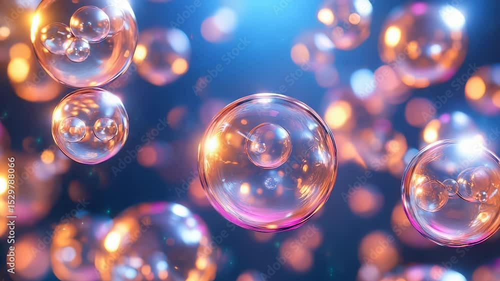 Poster abstract cell structure with glowing orbs and blue background for scientific visualization