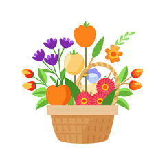 Vibrant flower and fruit basket illustration with transparent background